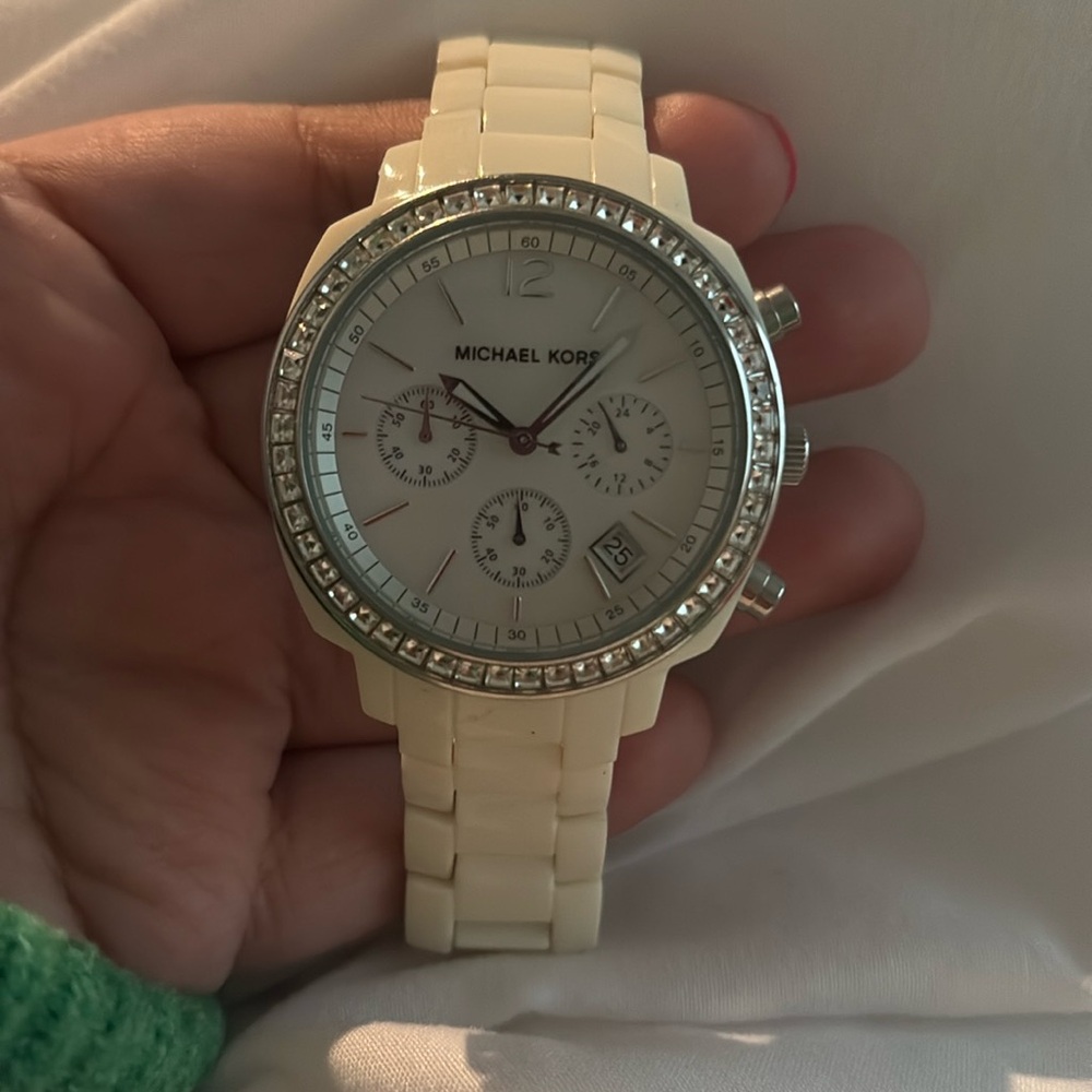 White acrylic MK watch with rhinestones